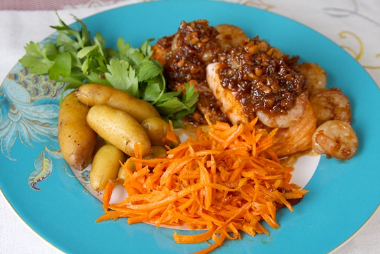 Salmon and Shrimp with Sweet Spicy Pecan Sauce - Gluten-Free